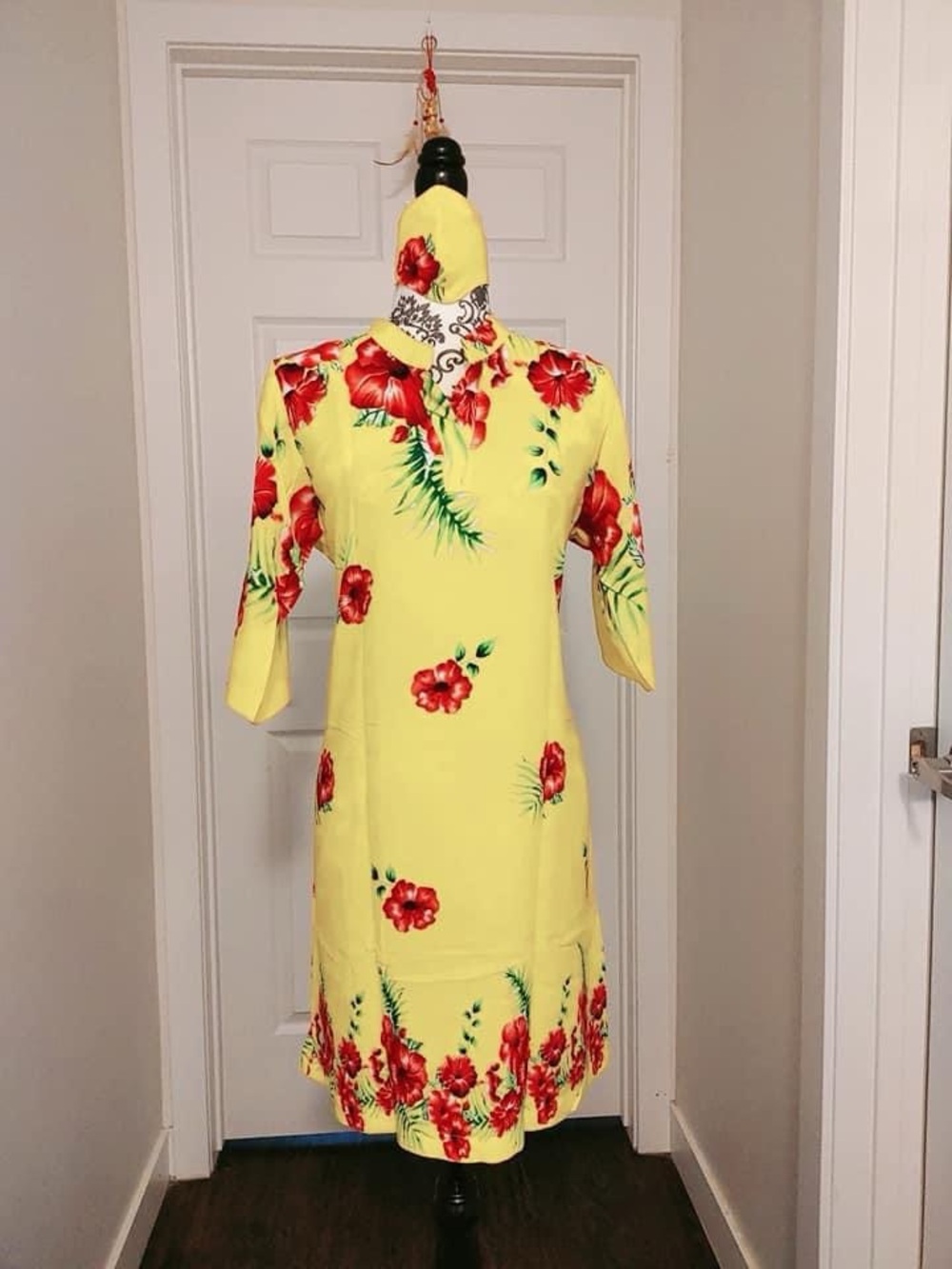 Yellow Floral Midi Dress with Red Hibiscus Motif